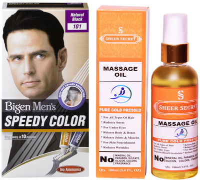 

Bigen SPEEDY NATURAL BLACK NO. 101 with PURE COLD PRESSED SHEER SECRET MASSAGE OIL 100 ML(Set of 2)