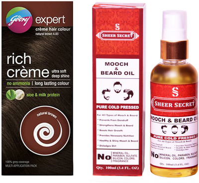 

Godrej BOX NATURAL BROWN NO. 4 with PURE COLD PRESSED SHEER SECRET MOOCH AND BEARD OIL 100 ML(Set of 2)