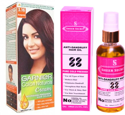 

Garnier BOX BURGUNDY NO. 3.16 with PURE COLD PRESSED SHEER SECRET ANTI DANDRUFF OIL 100 ML(Set of 2)