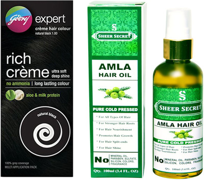 

Godrej BOX NATURAL BLACK NO. 1 with PURE COLD PRESSED SHEER SECRET AMLA HAIR OIL 100 ML(Set of 2)