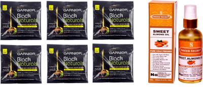 

Garnier 6 SACHET BROWN BLACK NO. 3 with PURE COLD PRESSED SHEER SECRET SWEET ALMOND OIL 100 ML(Set of 2)