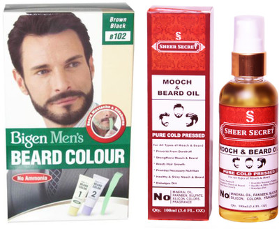 

Bigen BEARD BROWN BLACK NO. 102 with PURE COLD PRESSED SHEER SECRET MOOCH AND BEARD OIL 100 ML(Set of 2)