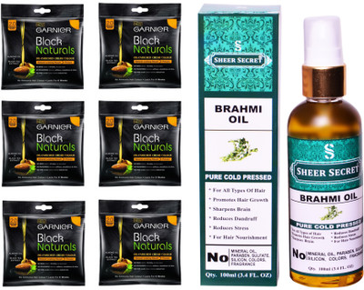 

Garnier 6 SACHET ORIGINAL BLACK NO. 2 with PURE COLD PRESSED SHEER SECRET BRAHMI OIL 100 ML(Set of 2)