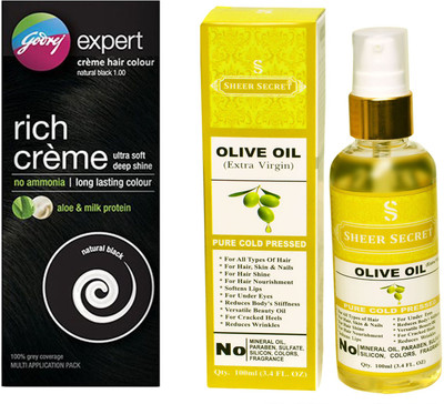 Godrej BOX NATURAL BLACK NO. 1 with PURE COLD PRESSED SHEER SECRET OLIVE OIL 100 ML(Set of 2)