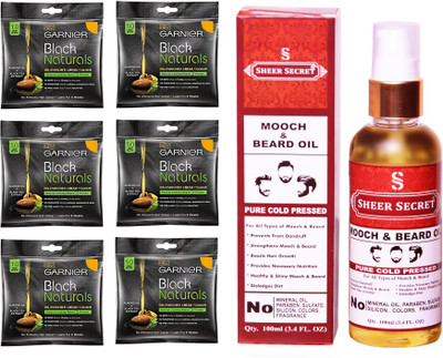 

Garnier 6 SACHET DEEP BLACK NO. 1 with PURE COLD PRESSED SHEER SECRET MOOCH AND BEARD OIL 100 ML(Set of 2)