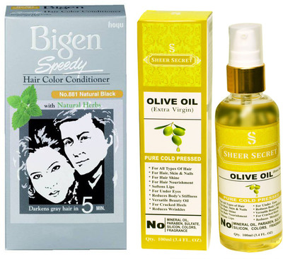 

Bigen SPEEDY NATURAL BLACK NO. 881 with PURE COLD PRESSED SHEER SECRET OLIVE OIL 100 ML(Set of 2)