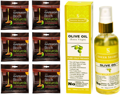 

Garnier 6 SACHET NATURAL BROWN NO. 4 with PURE COLD PRESSED SHEER SECRET OLIVE OIL 100 ML(Set of 2)