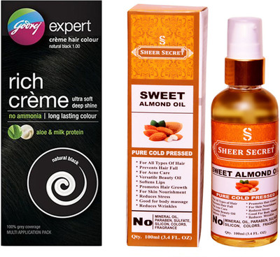 

Godrej BOX NATURAL BLACK NO. 1 with PURE COLD PRESSED SHEER SECRET SWEET ALMOND OIL 100 ML(Set of 2)
