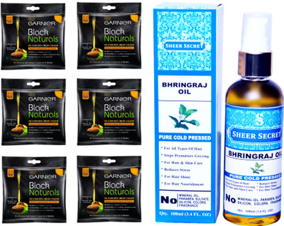 

Garnier 6 SACHET ORIGINAL BLACK NO. 2 with PURE COLD PRESSED SHEER SECRET BHRINGRAJ OIL 100 ML(Set of 2)