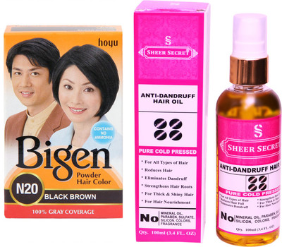 

Bigen BLACK BROWN N20 with PURE COLD PRESSED SHEER SECRET ANTI DANDRUFF OIL 100 ML(Set of 2)