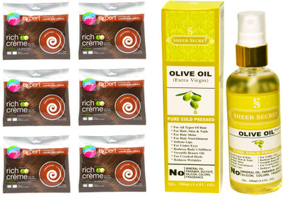 

Godrej 6 SACHET NATURAL BROWN NO. 4 with PURE COLD PRESSED SHEER SECRET OLIVE OIL 100 ML(Set of 2)
