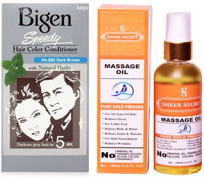 

Bigen SPEEDY DARK BROWN NO. 883 with PURE COLD PRESSED SHEER SECRET MASSAGE OIL 100 ML(Set of 2)