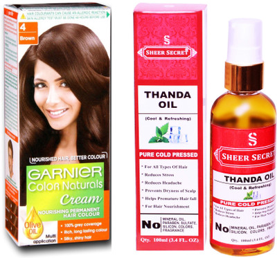 

Garnier BOX NATURAL BROWN NO. 4 with PURE COLD PRESSED SHEER SECRET THANDA OIL 100 ML(Set of 2)