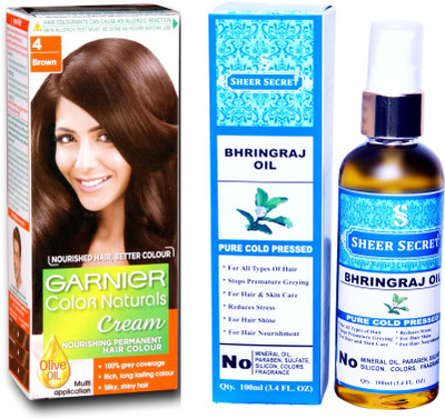 

Garnier BOX NATURAL BROWN NO. 4 with PURE COLD PRESSED SHEER SECRET BHRINGRAJ OIL 100 ML(Set of 2)