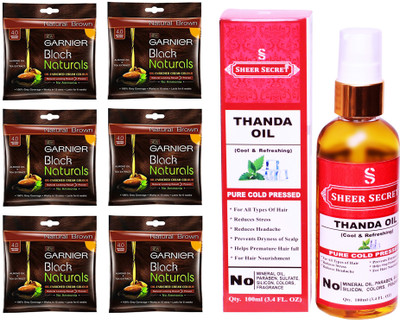 

Garnier 6 SACHET NATURAL BROWN NO. 4 with PURE COLD PRESSED SHEER SECRET THANDA OIL 100 ML(Set of 2)