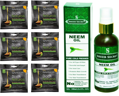 

Garnier 6 SACHET DEEP BLACK NO. 1 with PURE COLD PRESSED SHEER SECRET NEEM OIL 100 ML(Set of 2)
