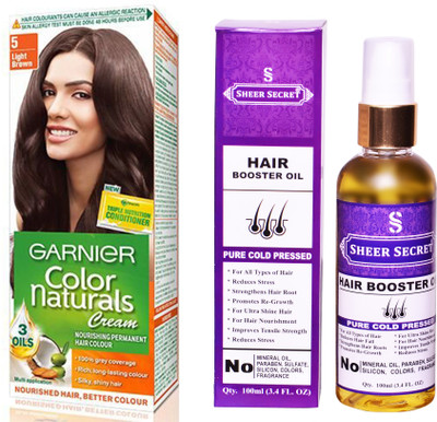 

Garnier BOX LIGHT BROWN NO. 5 with PURE COLD PRESSED SHEER SECRET HAIR BOOSTER OIL 100 ML(Set of 2)