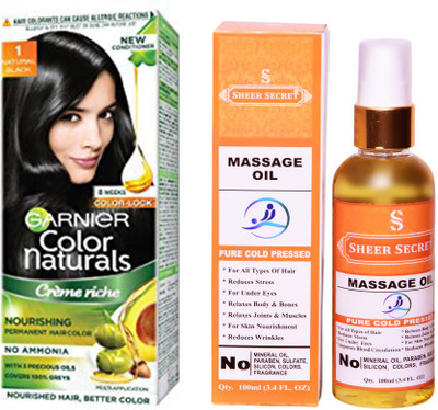 

Garnier BOX NATURAL BLACK NO. 1 with PURE COLD PRESSED SHEER SECRET MASSAGE OIL 100 ML(Set of 2)