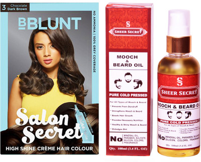 

BBlunt SALON SECRET CHOCOLATE DARK BROWN NO. 3 with PURE COLD PRESSED SHEER SECRET MOOCH AND BEARD OIL 100 ML(Set of 2)