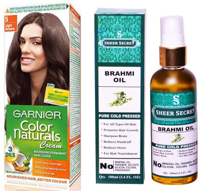 

Garnier BOX LIGHT BROWN NO. 5 with PURE COLD PRESSED SHEER SECRET BRAHMI OIL 100 ML(Set of 2)