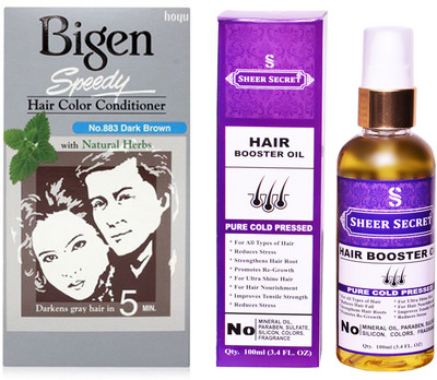 

Bigen SPEEDY DARK BROWN NO. 883 with PURE COLD PRESSED SHEER SECRET HAIR BOOSTER OIL 100 ML(Set of 2)