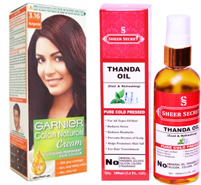 

Garnier BOX BURGUNDY NO. 3.16 with PURE COLD PRESSED SHEER SECRET THANDA OIL 100 ML(Set of 2)