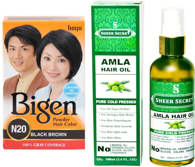 

Bigen BLACK BROWN N20 with PURE COLD PRESSED SHEER SECRET AMLA HAIR OIL 100 ML(Set of 2)