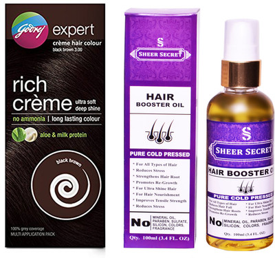 

Godrej BOX BLACK BROWN NO. 3 with PURE COLD PRESSED SHEER SECRET HAIR BOOSTER OIL 100 ML(Set of 2)