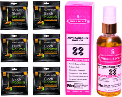 

Garnier 6 SACHET ORIGINAL BLACK NO. 2 with PURE COLD PRESSED SHEER SECRET ANTI DANDRUFF OIL 100 ML(Set of 2)