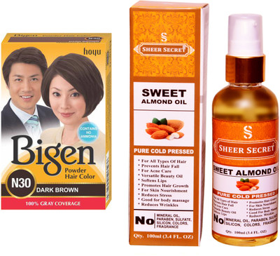 

Bigen DARK BROWN N30 with PURE COLD PRESSED SHEER SECRET SWEET ALMOND OIL 100 ML(Set of 2)