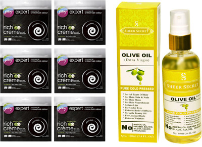 

Godrej 6 SACHET NATURAL BLACK NO. 1 with PURE COLD PRESSED SHEER SECRET OLIVE OIL 100 ML(Set of 2)