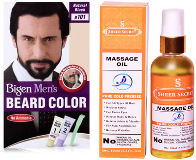 

Bigen BEARD NATURAL BLACK NO. 101 with PURE COLD PRESSED SHEER SECRET MASSAGE OIL 100 ML(Set of 2)