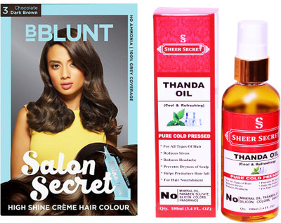 

BBlunt SALON SECRET CHOCOLATE DARK BROWN NO. 3 with PURE COLD PRESSED SHEER SECRET THANDA OIL 100 ML(Set of 2)