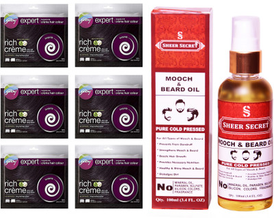 

Godrej 6 SACHET BURGUNDY NO. 3.16 with PURE COLD PRESSED SHEER SECRET MOOCH AND BEARD OIL 100 ML(Set of 2)