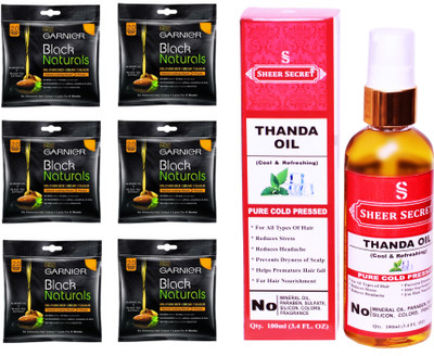 

Garnier 6 SACHET ORIGINAL BLACK NO. 2 with PURE COLD PRESSED SHEER SECRET THANDA OIL 100 ML(Set of 2)