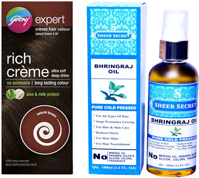 

Godrej BOX NATURAL BROWN NO. 4 with PURE COLD PRESSED SHEER SECRET BHRINGRAJ OIL 100 ML(Set of 2)