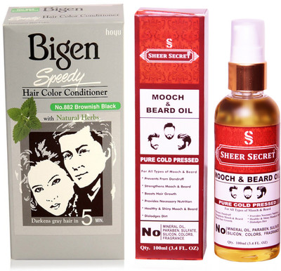 

Bigen SPEEDY BROWNISH BLACK NO. 882 with PURE COLD PRESSED SHEER SECRET MOOCH AND BEARD OIL 100 ML(Set of 2)