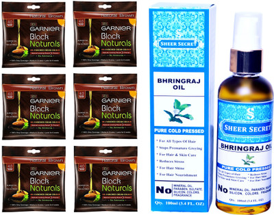 

Garnier 6 SACHET NATURAL BROWN NO. 4 with PURE COLD PRESSED SHEER SECRET BHRINGRAJ OIL 100 ML(Set of 2)
