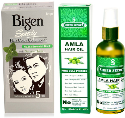 

Bigen SPEEDY BROWNISH BLACK NO. 882 with PURE COLD PRESSED SHEER SECRET AMLA HAIR OIL 100 ML(Set of 2)