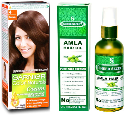 

Garnier BOX NATURAL BROWN NO. 4 with PURE COLD PRESSED SHEER SECRET AMLA HAIR OIL 100 ML(Set of 2)