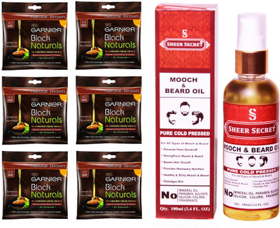 

Garnier 6 SACHET NATURAL BROWN NO. 4 with PURE COLD PRESSED SHEER SECRET MOOCH AND BEARD OIL 100 ML(Set of 2)