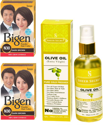 

Bigen 2 DARK BROWN N30 with PURE COLD PRESSED SHEER SECRET OLIVE OIL 100 ML(Set of 2)