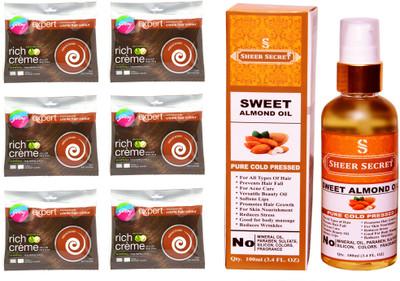 

Godrej 6 SACHET NATURAL BROWN NO. 4 with PURE COLD PRESSED SHEER SECRET SWEET ALMOND OIL 100 ML(Set of 2)