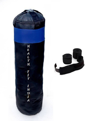 

HEALTH FIT INDIA 1.5 Feet Long, PU Material, Black and Blue Color, Unfilled with Hanging Straps and 9 Freet Long Black Color Hand Wraps Pair Gym & Fitness Kit