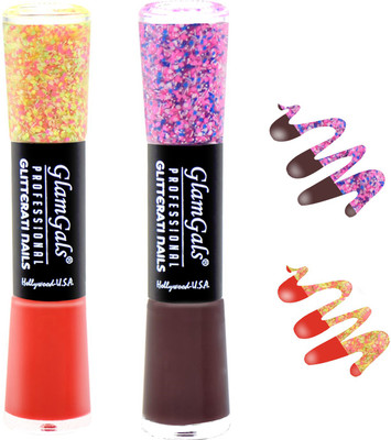 

GlamGals combo of 2 Glitterati Nail Polish Orange, Wine(Pack of 2)