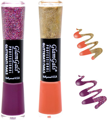 

GlamGals combo of 2 Glitterati Nail Polish Purple, Peach(Pack of 2)