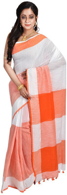Avik Creations Solid, Applique, Paisley, Woven, Polka Print, Hand Painted, Striped, Printed, Checkered, Embellished, Plain, Self Design Sambalpuri Handloom Cotton, Pure Cotton, Khadi Saree(Orange, White) Flipkart