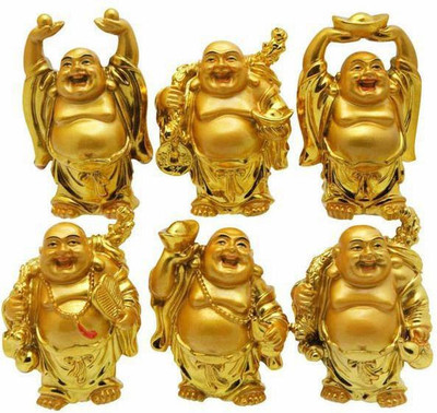 SS GALLERY FENGSHUI SMALL GOLDEN LAUGHING BUDDHA SET OF 6 Decorative Showpiece  -  6 cm(Polyresin, Multicolor)