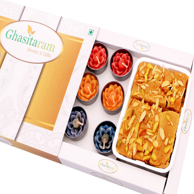 

Ghasitaram Gifts Mithai Hampers - Soft Mysore Pak and Set of 10 T-Lites(400 g, Box)