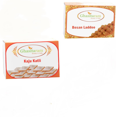 

Ghasitaram Gifts Mithai Hampers - Kaju Katli and Besan Laddoo(400 g, Box)